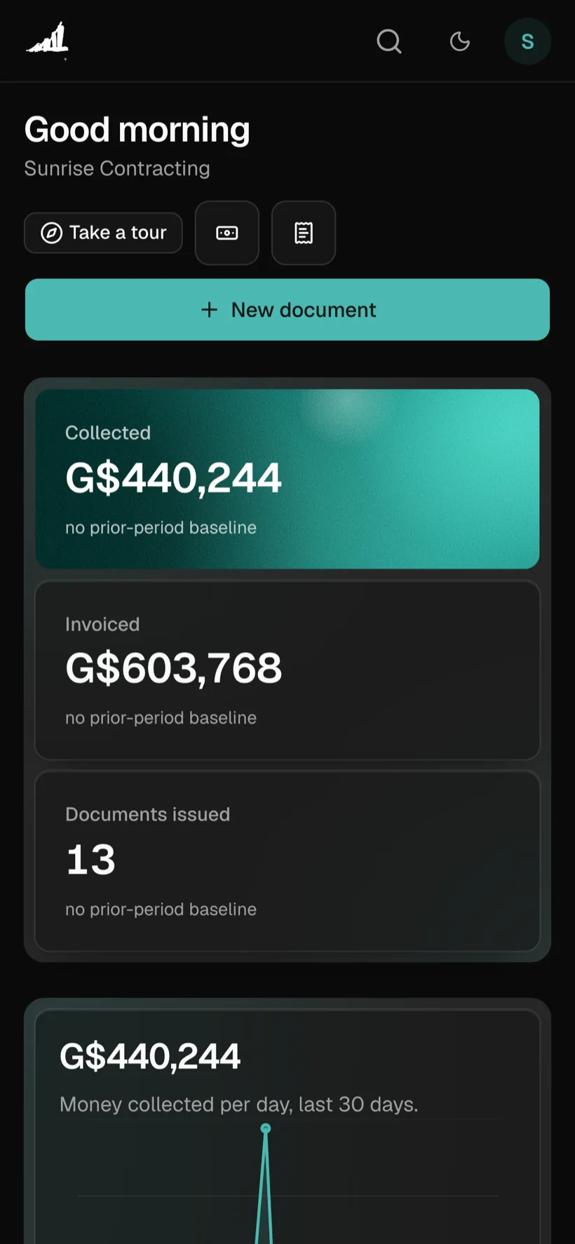 The BillBook dashboard on a phone: money collected and invoiced.