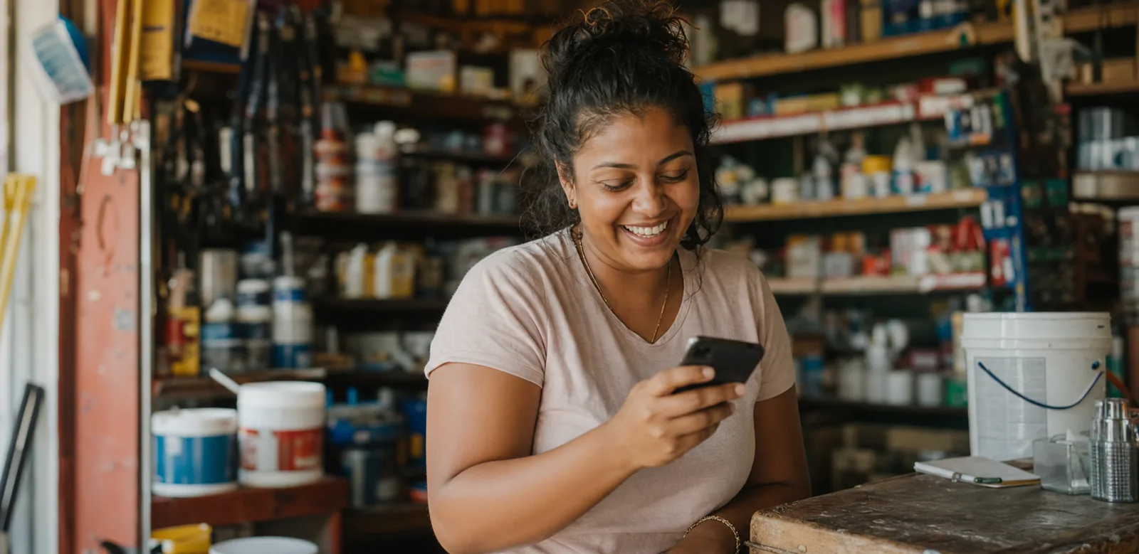 A shopkeeper smiling at her phone behind the counter of a hardware store