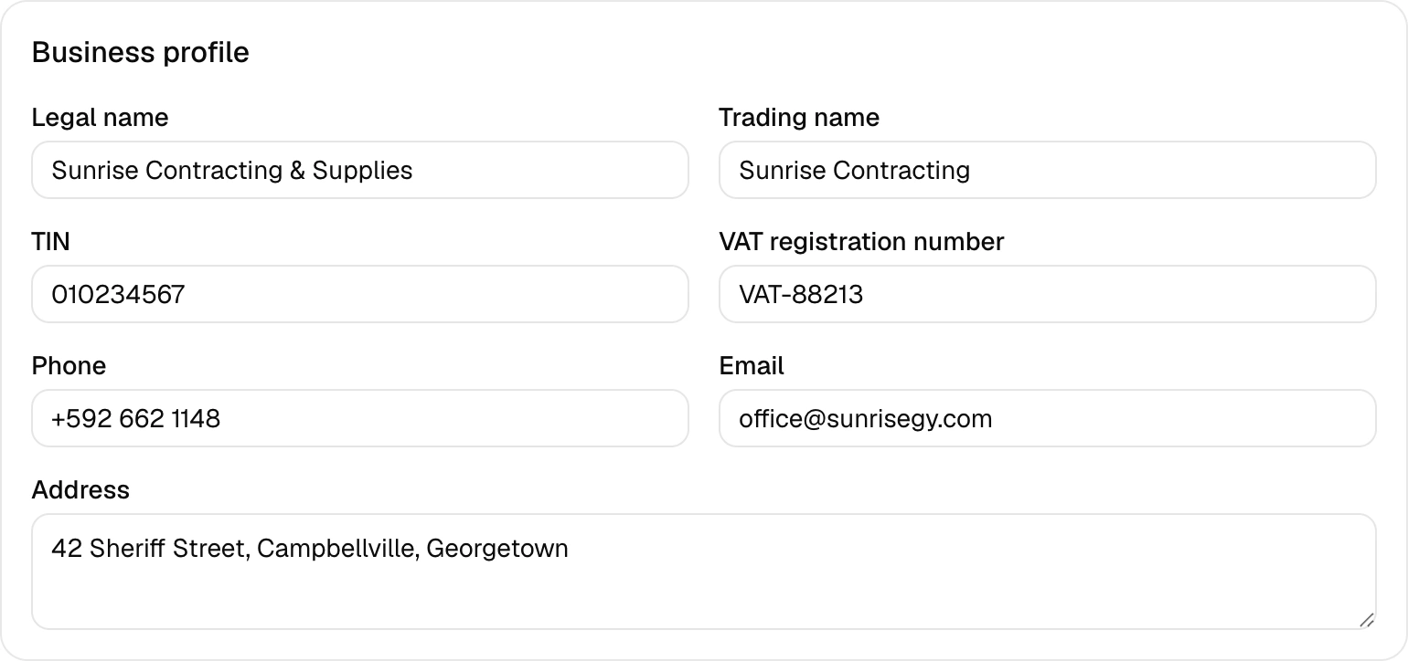 Your business profile in Settings — the details here appear on every document