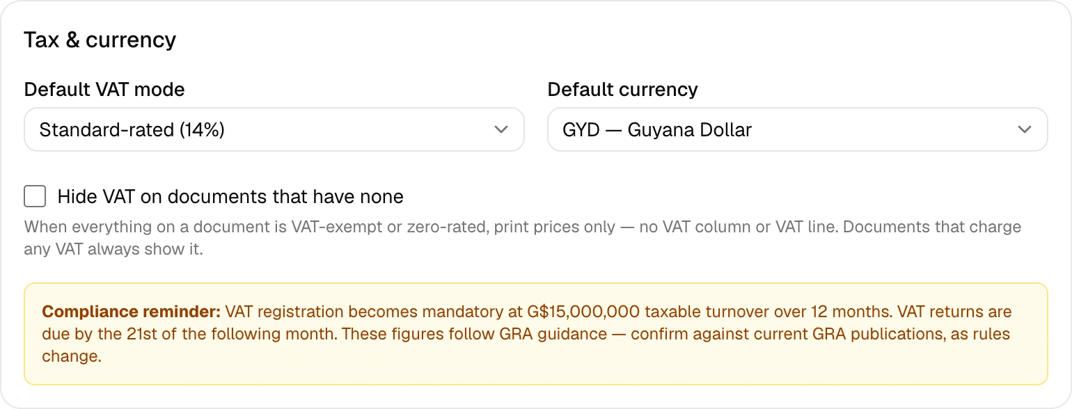 Settings → Tax & currency, where you set your VAT mode and the hide-VAT-when-none switch