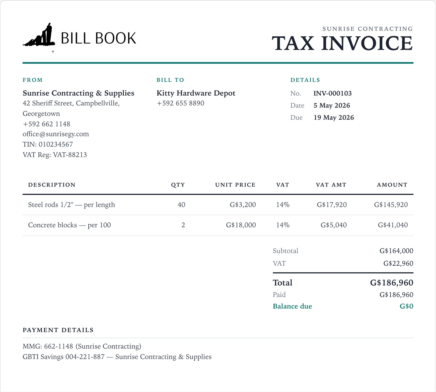 A BillBook tax invoice for Kitty Hardware Depot on a tablet — INV-000103, VAT G$22,960 shown separately, total G$186,960