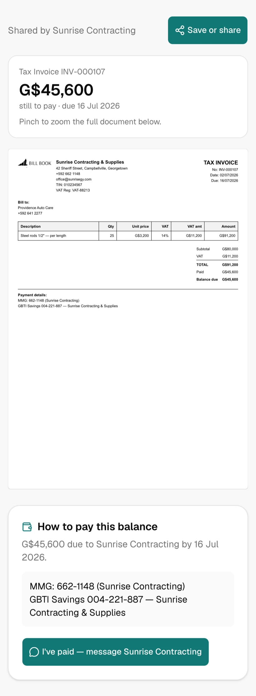 The pay page your customer opens from WhatsApp: G$45,600 still to pay, the tax invoice, and how to pay by MMG or GBTI with an “I've paid” button. Scroll it.